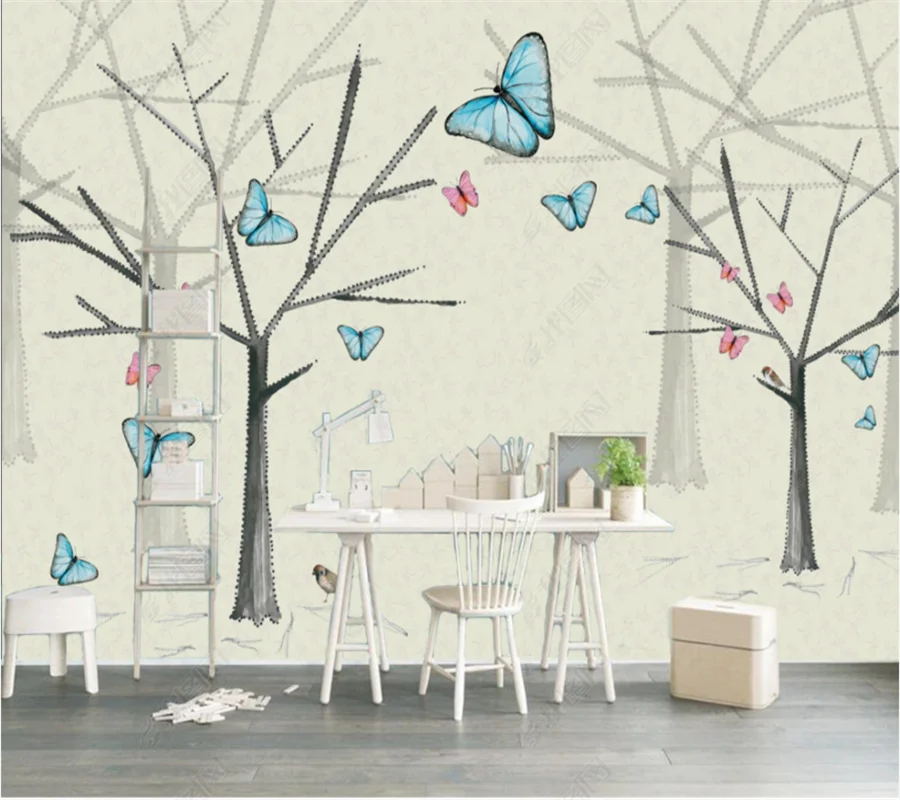 

Custom 8D Waterproof Wall Cloth Wallpaper Hand-painted Flowers, Birds and Butterflies Decorative Background Wall