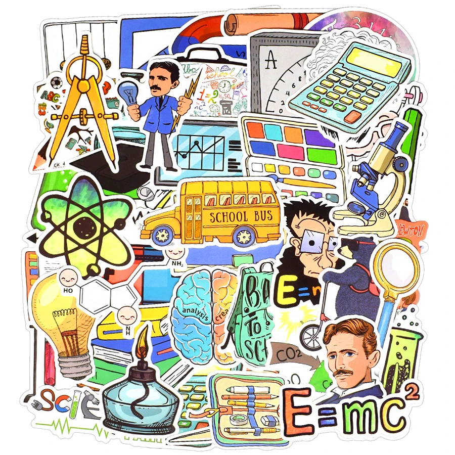 50 PCS Science Lab Stickers Cartoon Physical Chemistry Sticker for Student DIY Laptop Stationery Luggage Guitar Funny PVC Decals