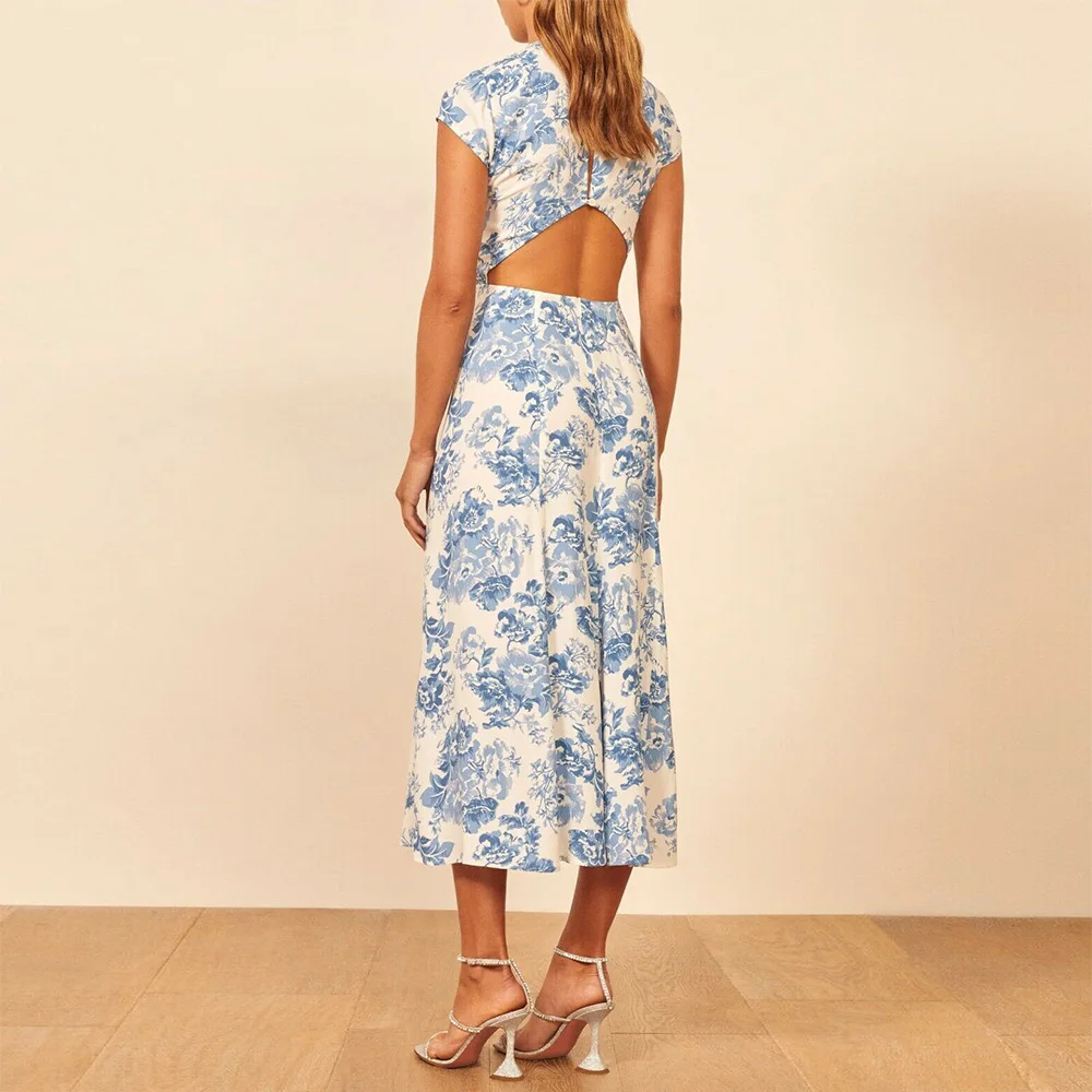 Chiffon Dress Women Summer Blue And White Porcelain Floral Print Elegant Vintage Dress Woman Backless Slit Midi Sexy Dresses