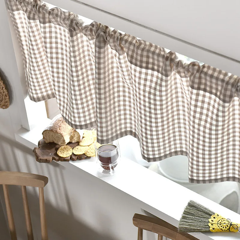 2022 Tulle Sheer Cotton Linen Grid Short Roman Window Curtain for Home Living Room Decoration Voile in the Kitchen Cafe plaid