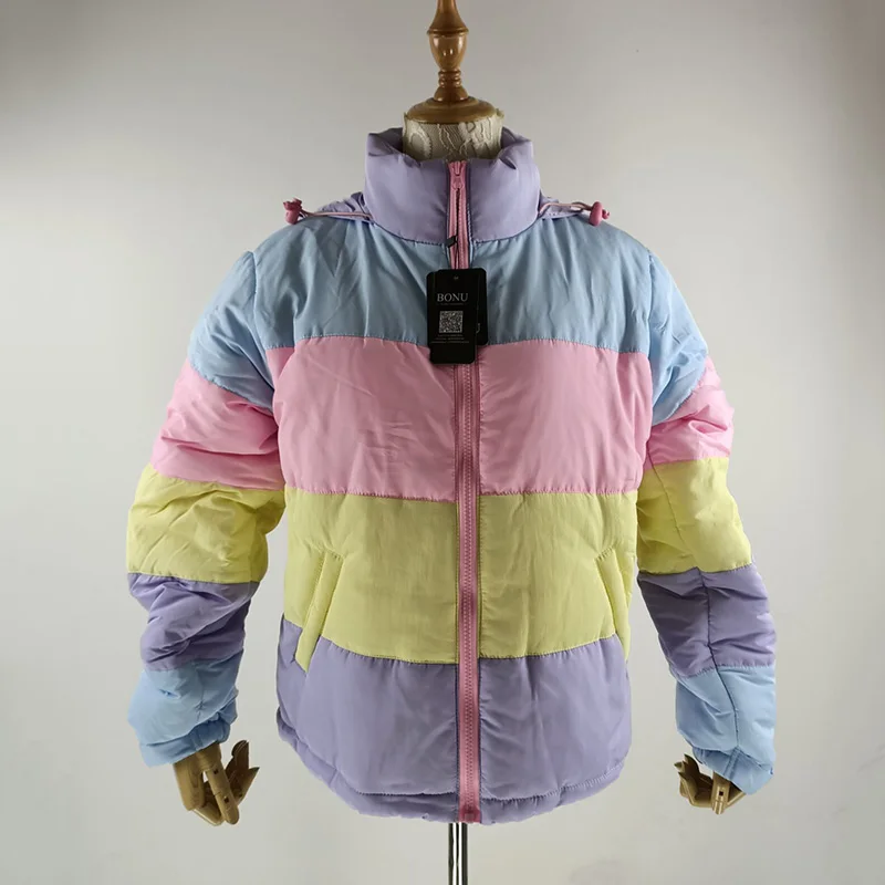 Doudoune rembourrée arc-en-ciel épaisse pour femme, manteau chaud pour étudiant, parka universitaire, hiver