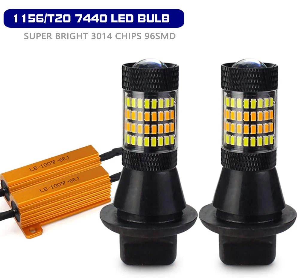 2x Led 자동차 러닝 라이트 및 턴 시그널 램프 DRL 1156 P21W BA15S Canbus BAU15S LED T20 7440 W21W 전구 3014 칩 96SMD 듀얼 모드, 주행 시그널 램프 전구