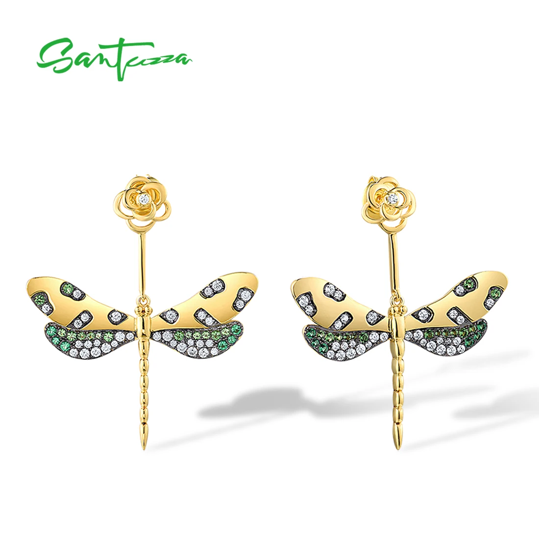 

SANTUZZA Pure 925 Sterling Silver Earrings For Women Green Spinel White CZ Golden Dragonfly Flower Earrings Trendy Fine Jewelry