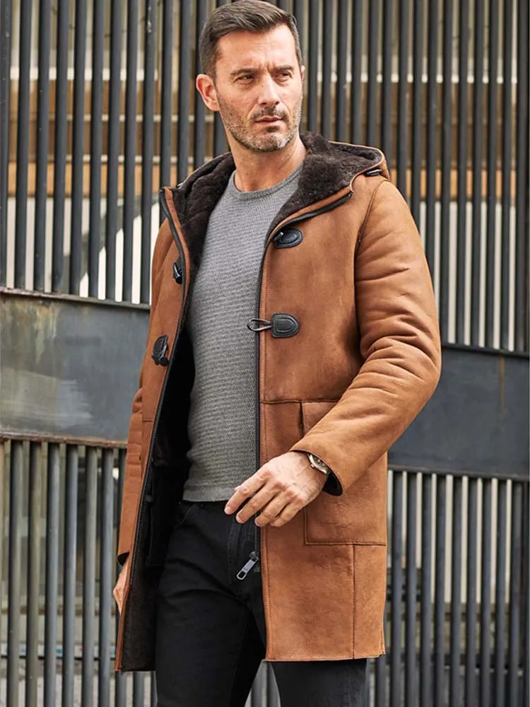 

New Mens Sheepskin Shearling Jacket Long Trench Coat Winter Warm Fur Overcoat Hooded Leather Outwear