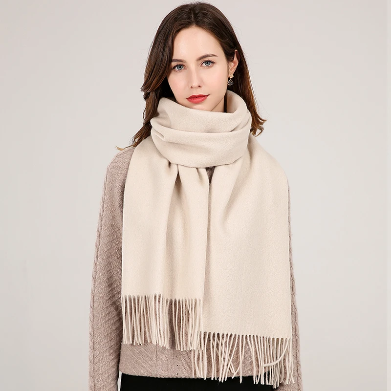 Winter 100% Real Wool Scarf Women Luxury Brand Shawls Camel Cashmere Scarf Bufandas Solid Pashmina Thicken Warm Foulard Femme