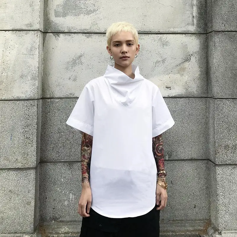 

Fashion trend summer student youth stand-up collar shirt ins super fire white short-sleeved t-shirt men