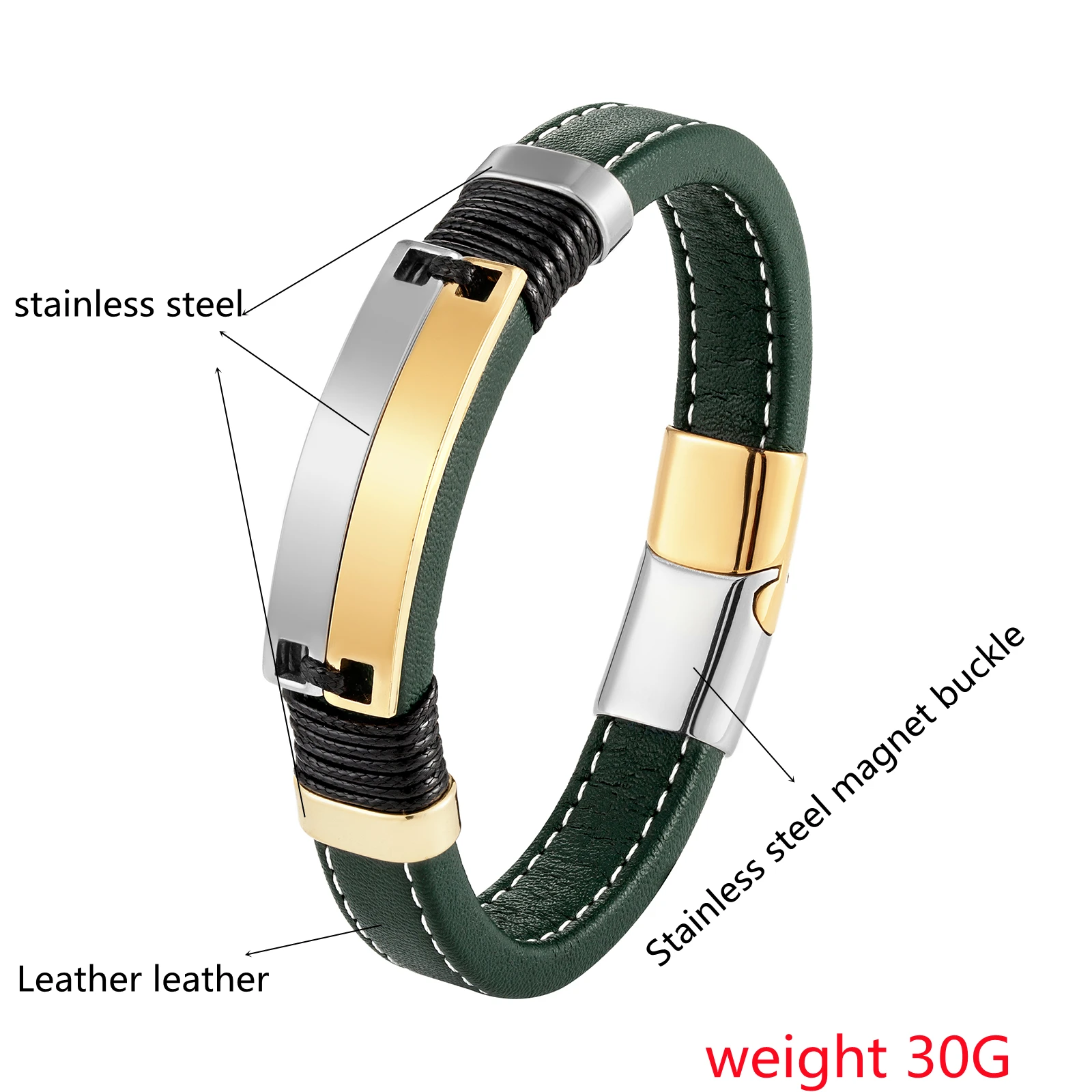 New Double Row Glossy Stainless Steel Trendy Cool Jewelry Unisex Punk Couple Bracelet Green Wide Leather Charm Bracelet