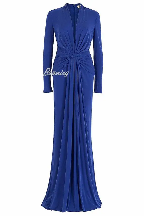 2015 long sleeves evening dress new arrival formal dresses robe de soiree sexy deep v-neck royal blue chiffon vestido de festa