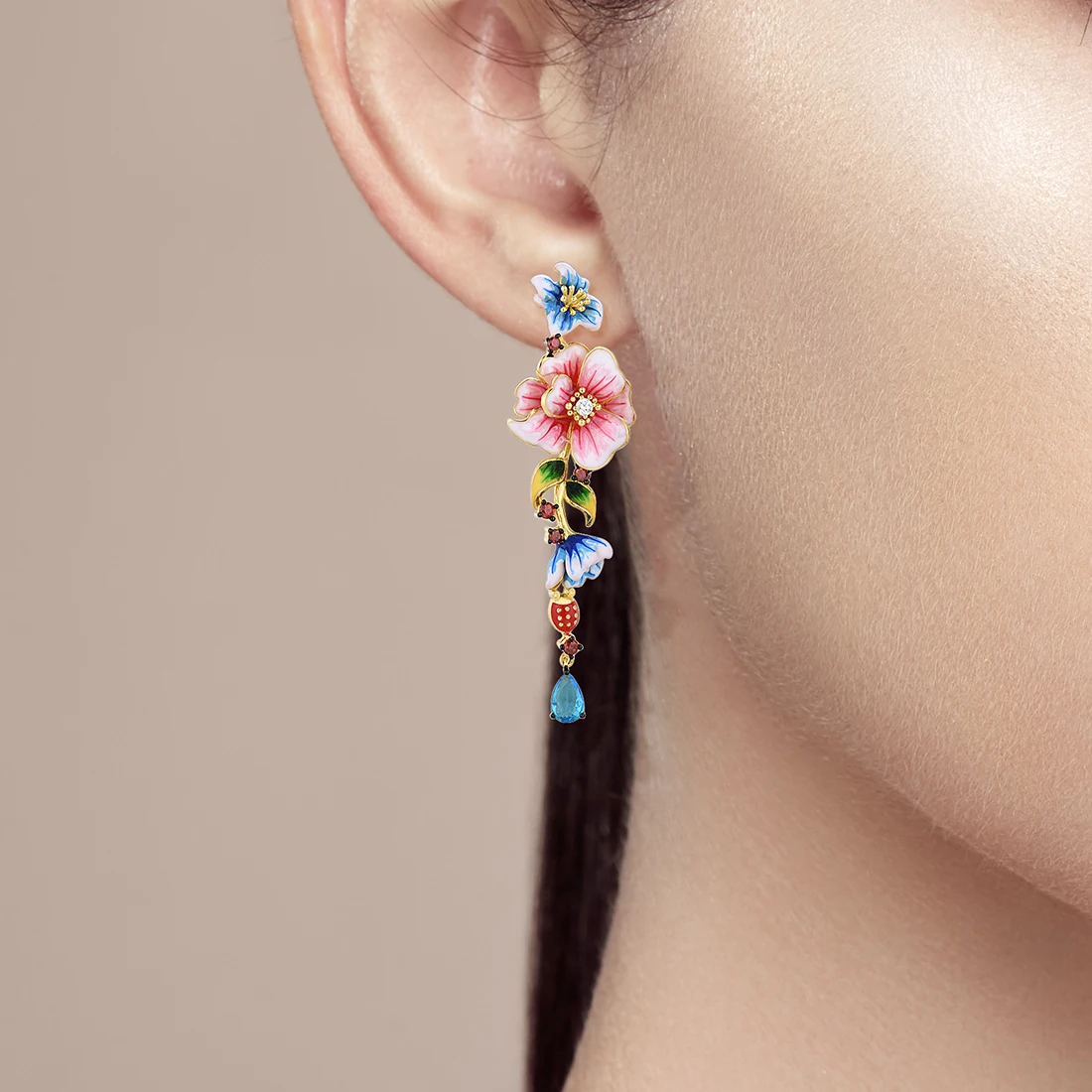 SANTUZZA Genuine 925 Sterling Silver Drop Earrings For Women Delicate Colorful Flowers Long Handmade Enamel Trendy Fine Jewelry
