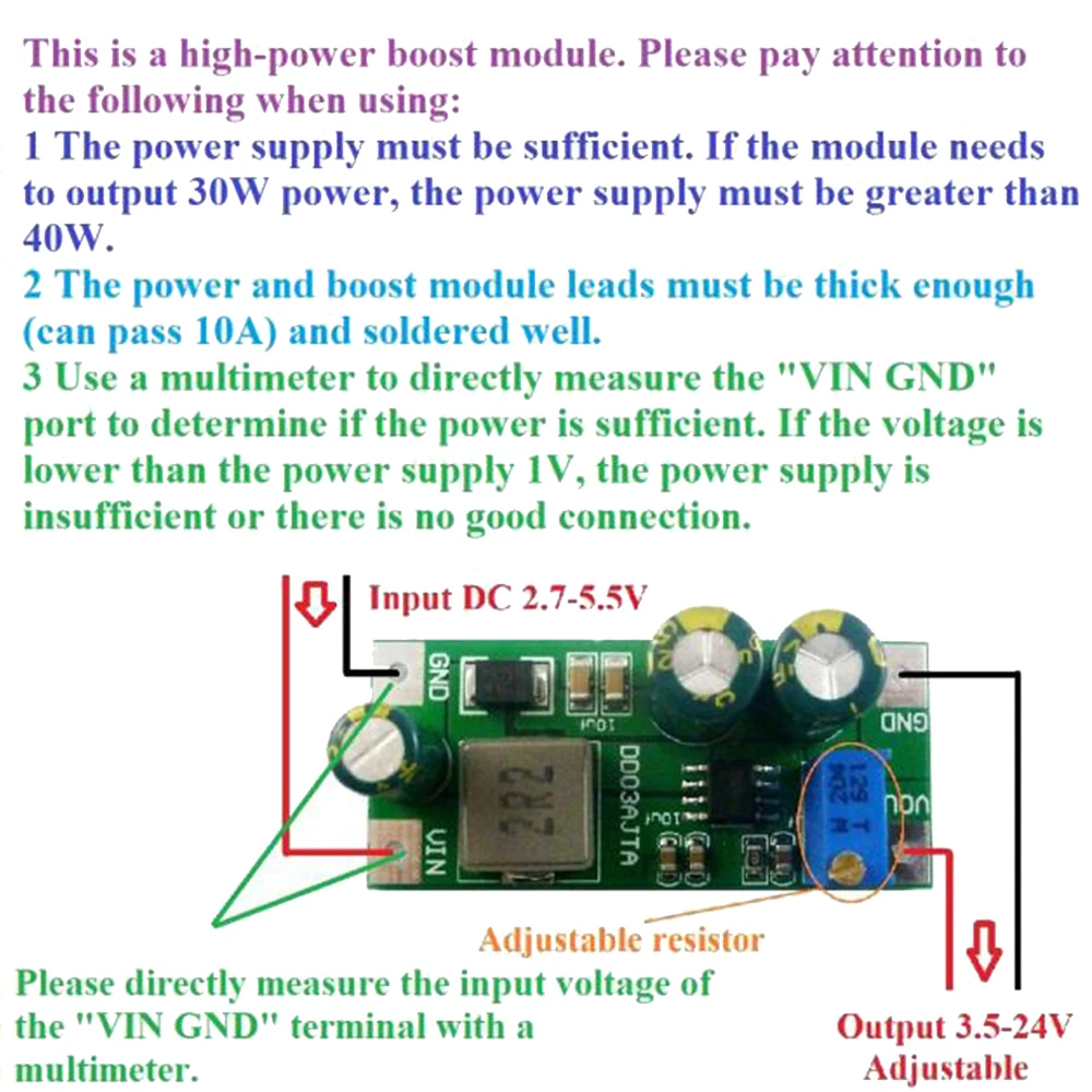 DC 2.7-5.5V to 3.5-24V 6A DC-DC Step-Up Board Boost Converter 30W High Power Adjustable Boost Module for 18650 Lithium Battery