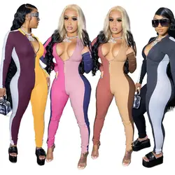 Patchwork Sporty Fitness Zipper Long Jumpsuits Casual Workout Long Sleeve Bodycon Rompers Womens Jumpsuit Stretchy Active Wear