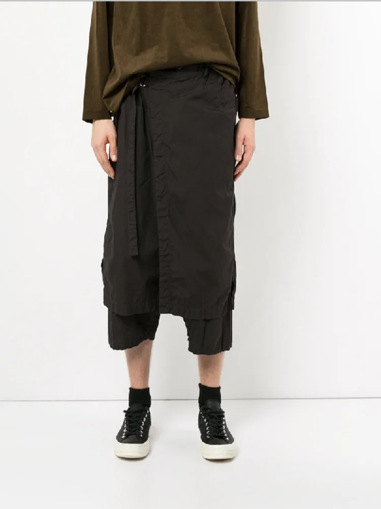 

Men's Pant Skirt Casual Pants Wide Leg Pants Spring And Autumn New Black Elastic Waist Strap False Two Design Nine Points