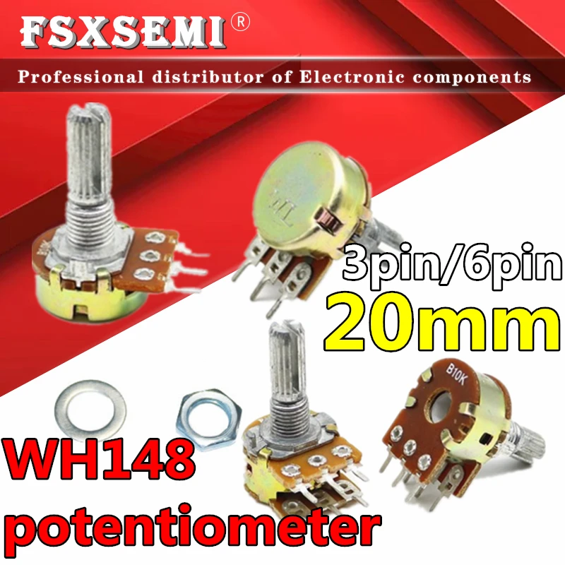 2 sztuk 20mm WH148 3pin 6pin B1K B2K B5K B10K B20K B50K B100K B250K B500K B1M potencjometr 1K 2K 5K 10K 20K 50K 100K 250K 500K 1M