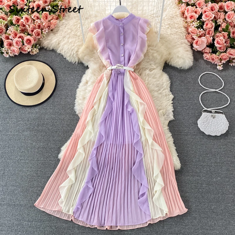 ชุด Maxi สำหรับผู้หญิงฤดูร้อน Ruffled ชีฟองจีบแฟชั่น Elegant Y2k Vestido De Mujer เซ็กซี่ Vintage เสื้อผ้าผู้หญิง