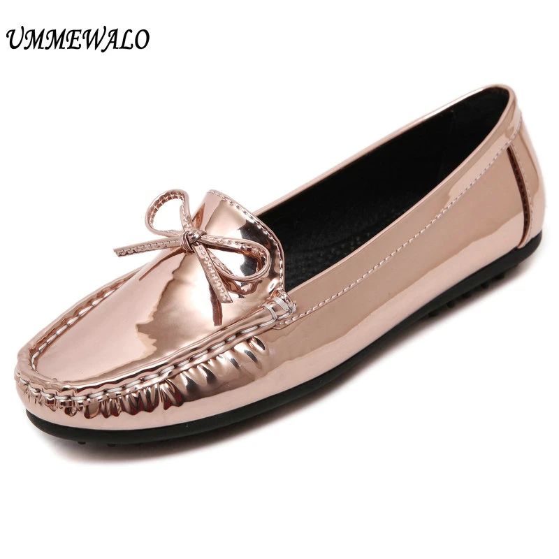 UMMEWALO Shoes Women Metallic Patent Leather Flat Shoes Casual Bow Loafer Shoes Ladies Rubber Sole Driving Moccasin