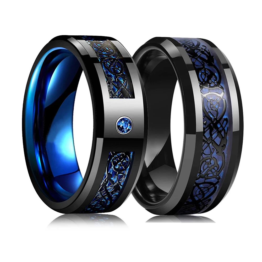 Fashion Men 8mm Black Tungsten Wedding Celtic Dragon Ring Inlaid Blue Zircon Punk Stainless Steel Blue Carbon Fibre Ring For Men