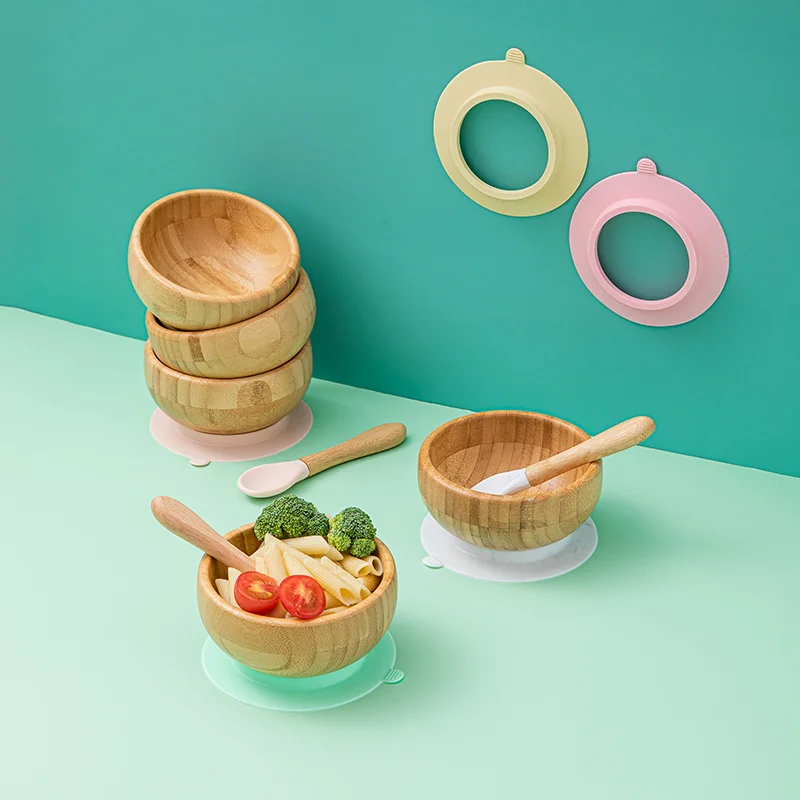 

Baby Dinner Plate Baby Feeding Bowl Children's Dishes Wooden Kids Feeding Dinnerware With Silicone Suction Cup Wooden Spoon