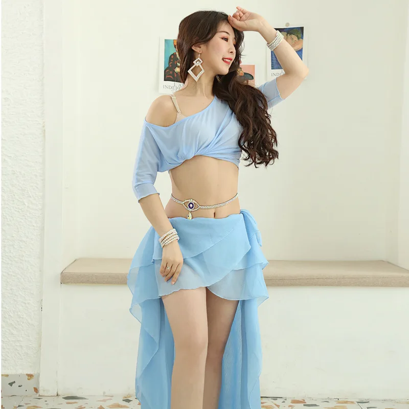 Ropa de práctica de danza del vientre para adultos, conjunto de rendimiento de Top elegante y falda larga, traje de bufanda de cadera de danza