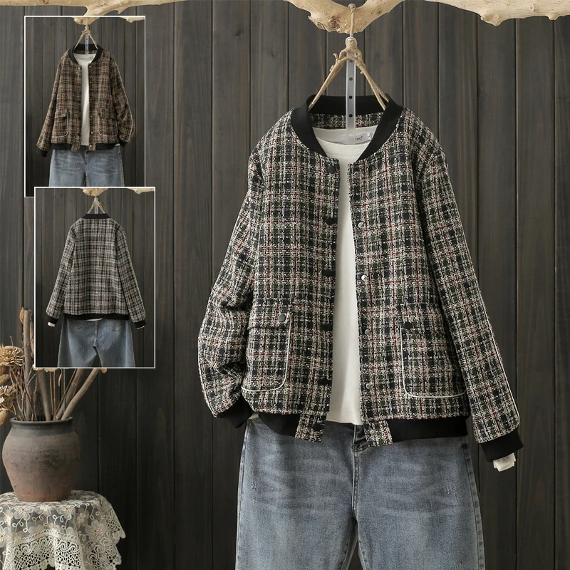 2024 Spring Fall New Women's Large Size 4XL Tweed Wool Jacket Stand Collar Loose Single-Breasted Baseball Uniform Plaid Coat 192