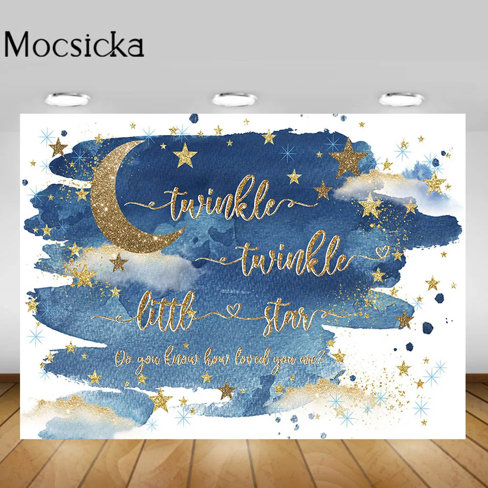 

Twinkle Twinkle Little Star Baby Shower Backdrop Dark Clouds Gold Star Moon Photography Background Studio Photo Shoot Photocall