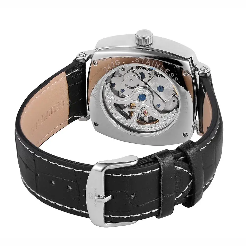 FORSINING Fashion casual men\'s silver quadrilateral case blue hands black dial and leather strap automatic mechanical watch