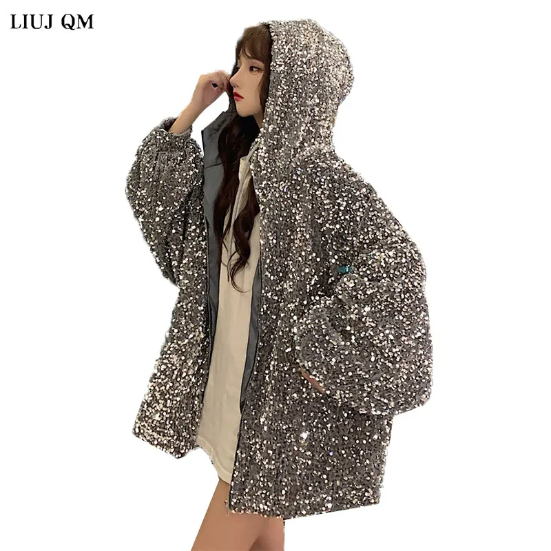2022 Winter Jacket Women New Korean Style Hooded Sequins Padded Coat Women Loose Add Cotton To Thicken Female Jacket