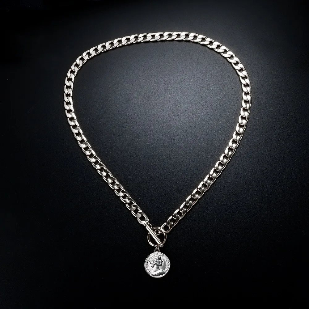ZMFashion Vintage Punk Coin Chains Choker Necklace For Women Men Gothic Stainless Steel OT Buckle Portrait Chunky Chain Jewelry