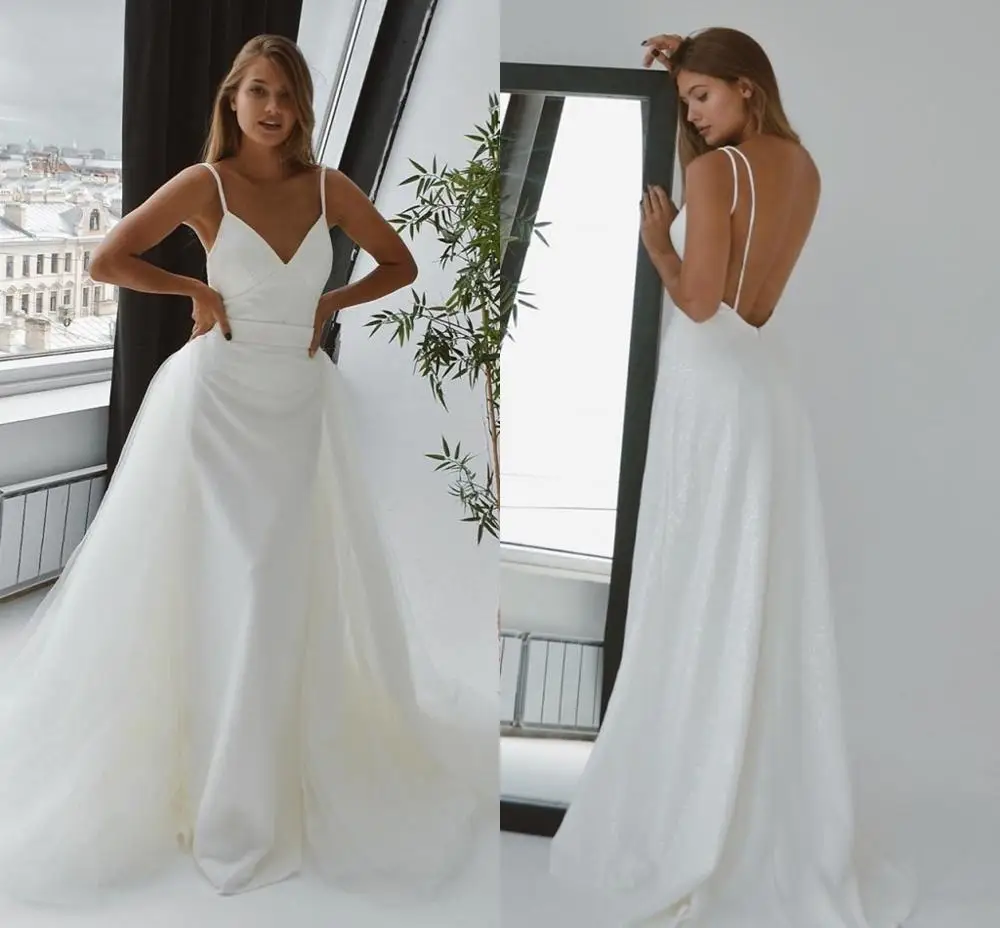 Vestidos de casamento com saia removível sereia querida cinta de espaguete vestidos de noiva trem saperate elegante sem costas lindo