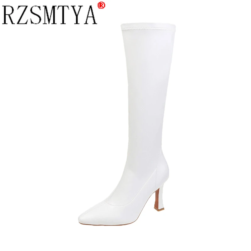 Autumn Women Boots pointed Toe Knee High Boots Fashion High Heel Long Boots Zipper Winter Shoes Ladies 2021 White Black