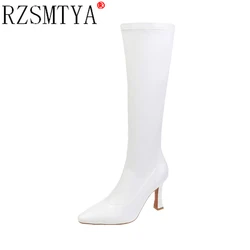 Autumn Women Boots pointed Toe Knee High Boots Fashion High Heel Long Boots Zipper Winter Shoes Ladies 2021 White Black