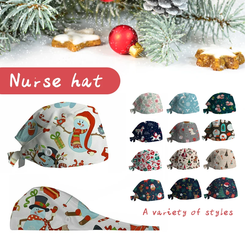 Unisex Scrubs Cap Cotton Adjustable  Doctor Hat Nurse Bouffant Hat Cartoon Christmas Print Beauty Salon Nursing Women Work Caps