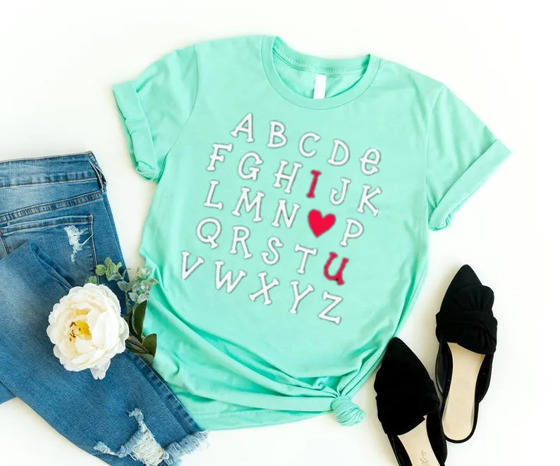 Teacher Valentine I Love you alphabet heart Day Funny Graphic O Neck Women 100%Cotton Casual Female Clothing Short Sleeve Tees