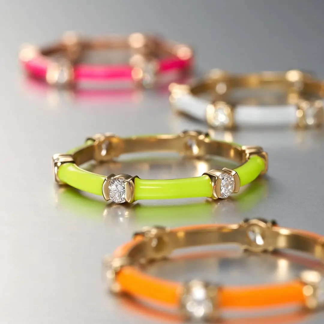 Colorful Enamel Gold Color Band Ring For Women Girl Neon CZ Stack Stacking Finger Rings