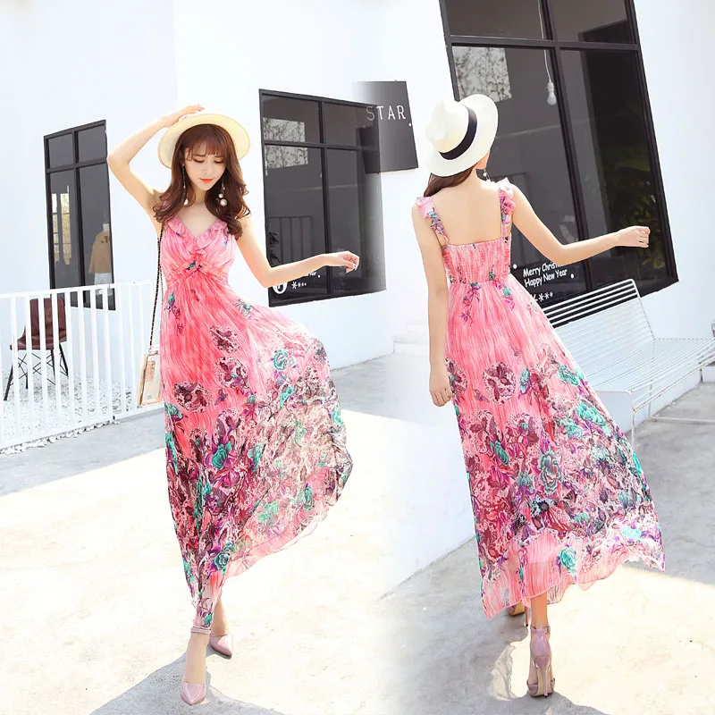 Silk Summer Dress Real Women Long Beach Dress Boho Print Pink Dresses Sexy V Neck Dresses Vestidos Verano 2021 LWL1504