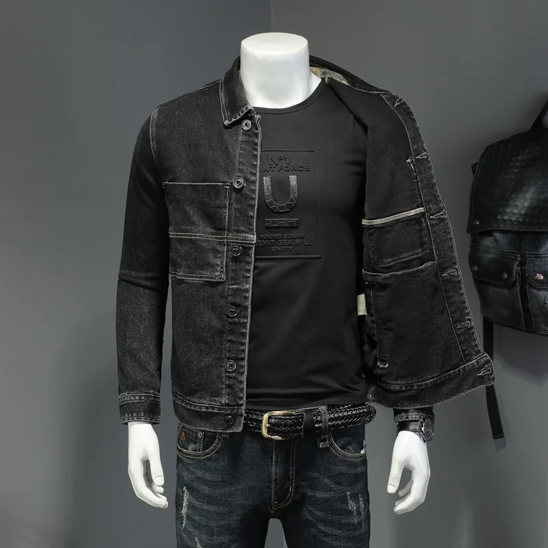 Fashion Mens Denim Jackets Spring Autumn Mens Casual Black Cotton Patchwork Jeans Coat High Quality