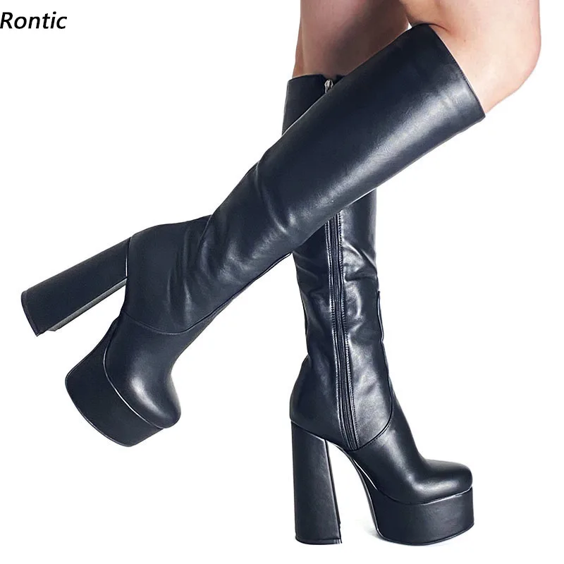 Rontic Handmade Women Platform Knee Boots Faux Leather Side Zipper Chunky Heels Round Toe Black Party Shoes US Size 5-15