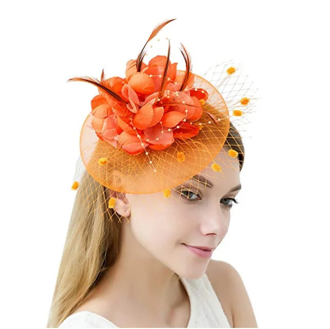 

Halloween Orange Flower Fascinator Hats Women With Veil Feather Headband Headwear Tea Party Derby