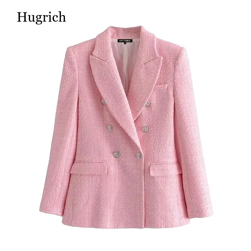 

Women 2021 Fashion Double Breasted Tweed Check Blazer Coat Vintage Long Sleeve Pockets Female Outerwear Chic Veste