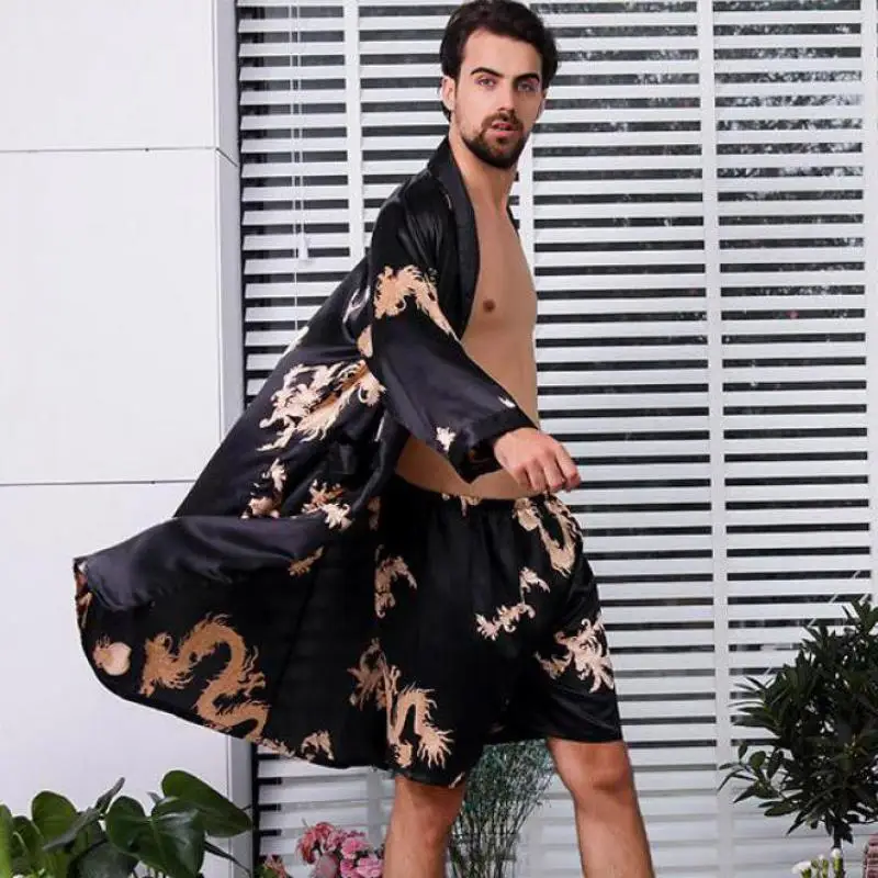 Large Size 4XL 5XL Men Satin Robe Set Dragon Print 2PCS Sleepwear Silky Nighty&Robe Set Male Casual Kimono Gown Loose Home Wear