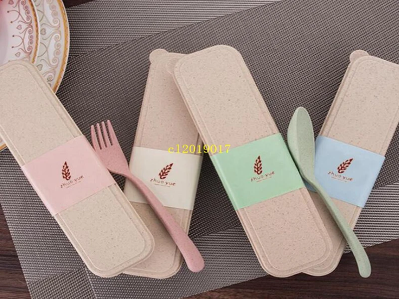 Exquisite Health Environmental Wheat Platycodon Straw Cutlery Set Portable Camping Tablewarel Spoon Fork Chopsticks Custom Logo