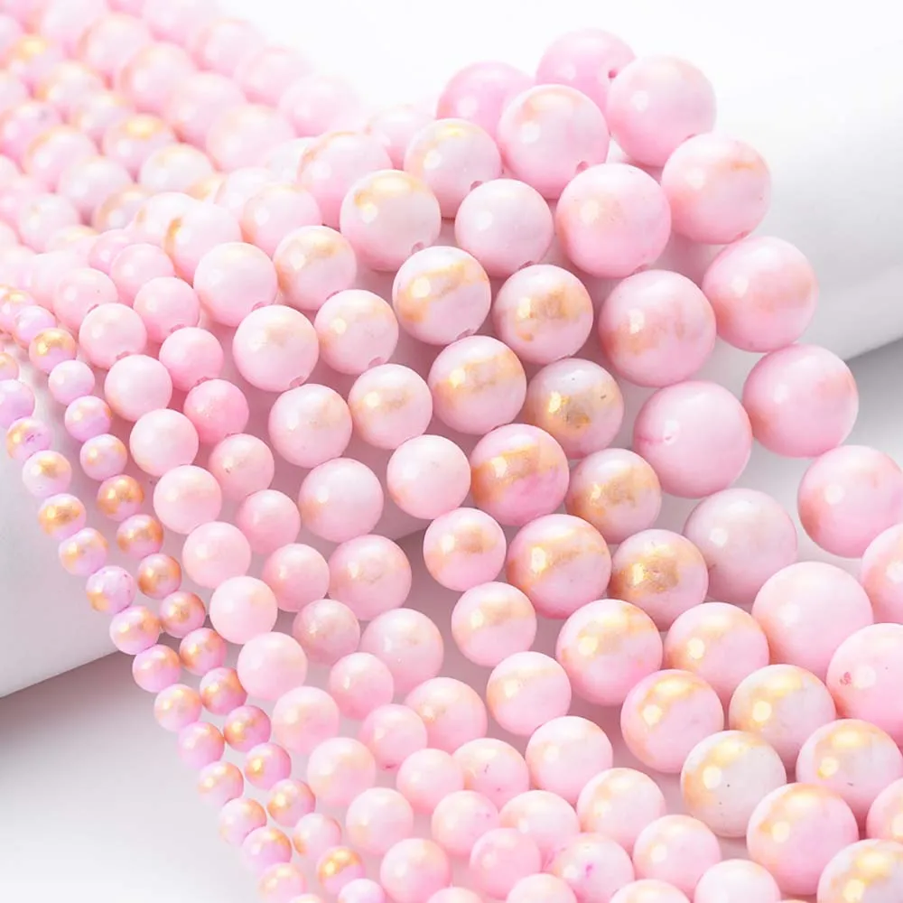 Natural Stone Bead Pink Color Golden Jades Round Loose Beads for Jewelry Making DIY Bracelet Necklace Accessories 4/6/8/10/12mm