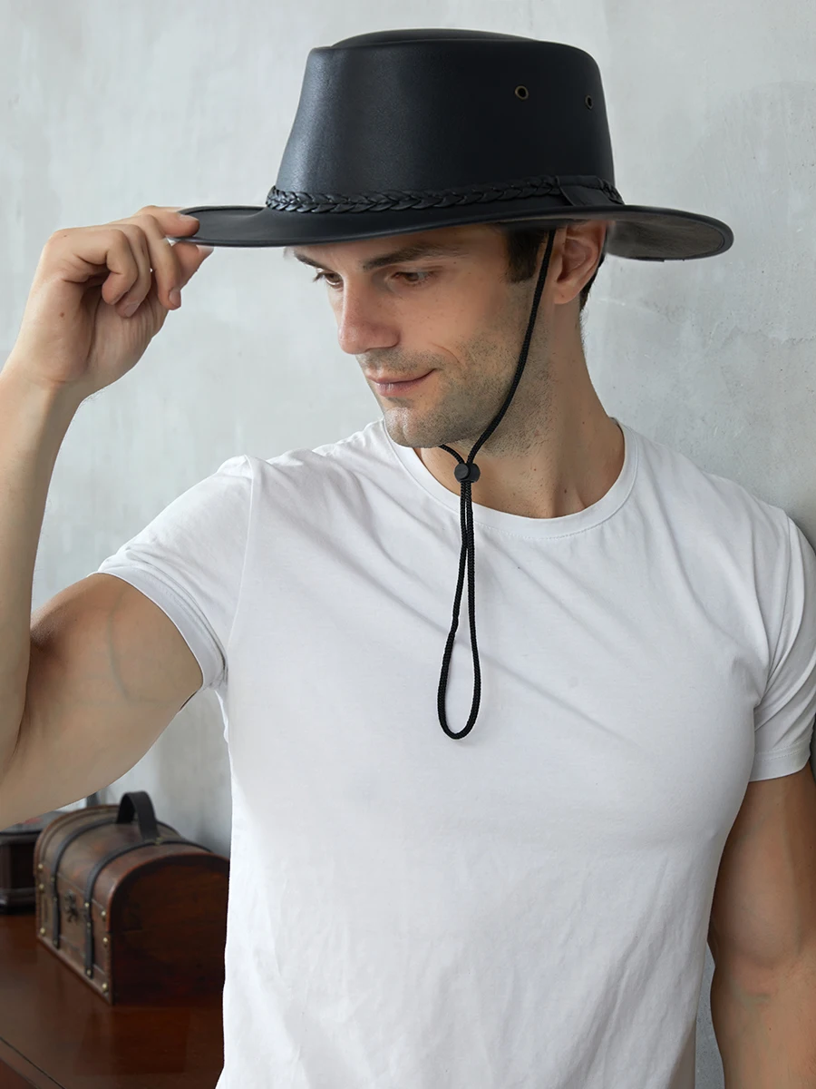 Retro Summer Large 59CM Size Single Layer Leather Casual Men Wide Brim Beach Cowboy Cowgirl Western Sun Protection Hat