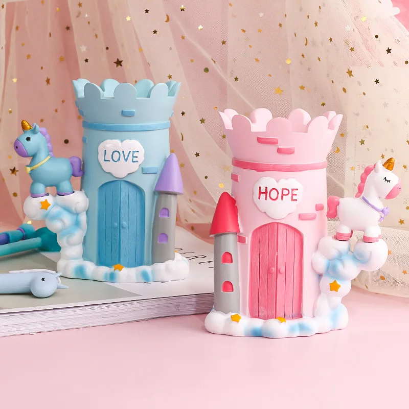 2021 New Unicorn Castle Storage Box Pen Holder Girl Heart Cartoon Storage Box Cute Student Stationery Office Supplies