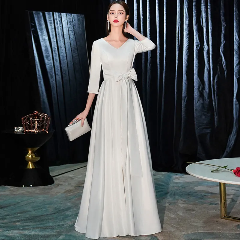 Vestido 간단한 새틴 웨딩 드레스 Vestido De Noiva v 넥 3 분 소매 로브 드 Mariage