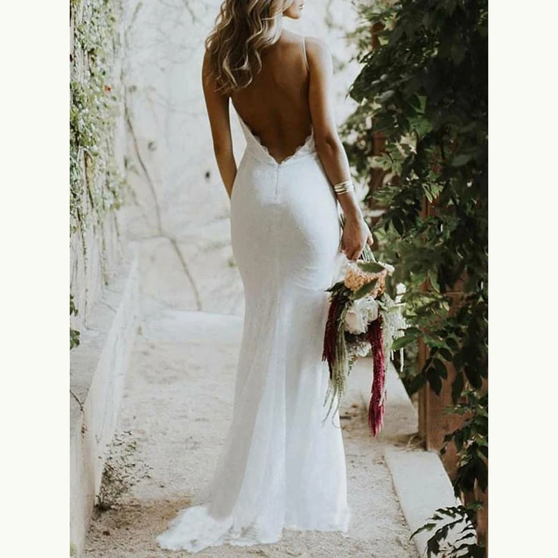 Sexy Backless Mermaid Brautkleider Tiefem V-ausschnitt Spaghetti-trägern Brautkleider Weiß Elfenbein Günstige Strand Formale Vestido De Novia