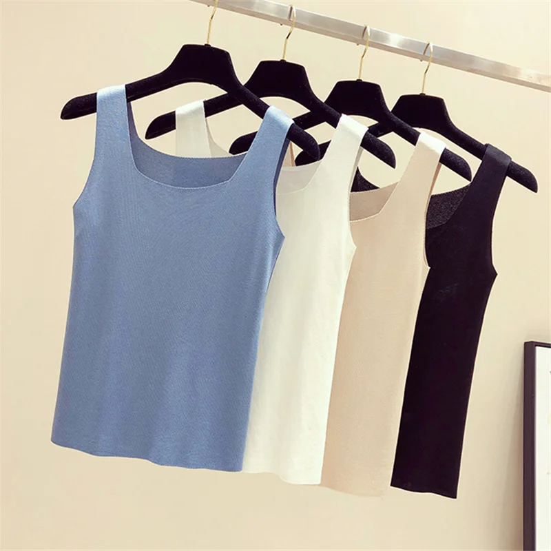 

Summer Sexy Women's T-Shirt Sleeveless U-Shaped Knit Camisole Inside Outside Wear Korean Version Of Slim Bottoming Top One Size