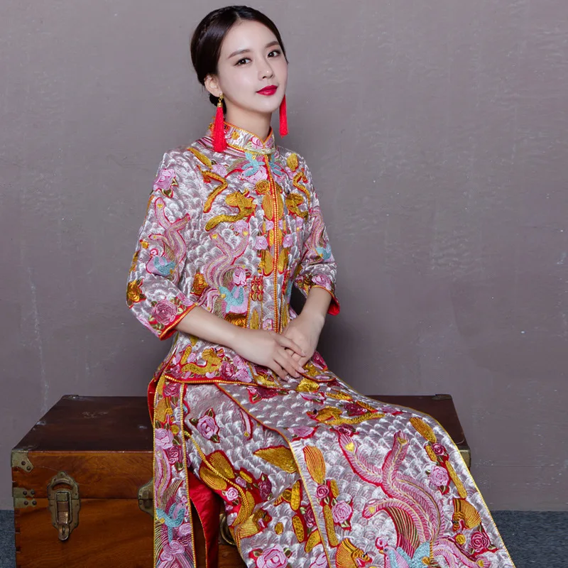 

New Oriental Chinese Traditional Wedding Dress Women Phoenix Embroidery Cheongsam Red Silk Qipao Bride Traditions Robe Chinoise