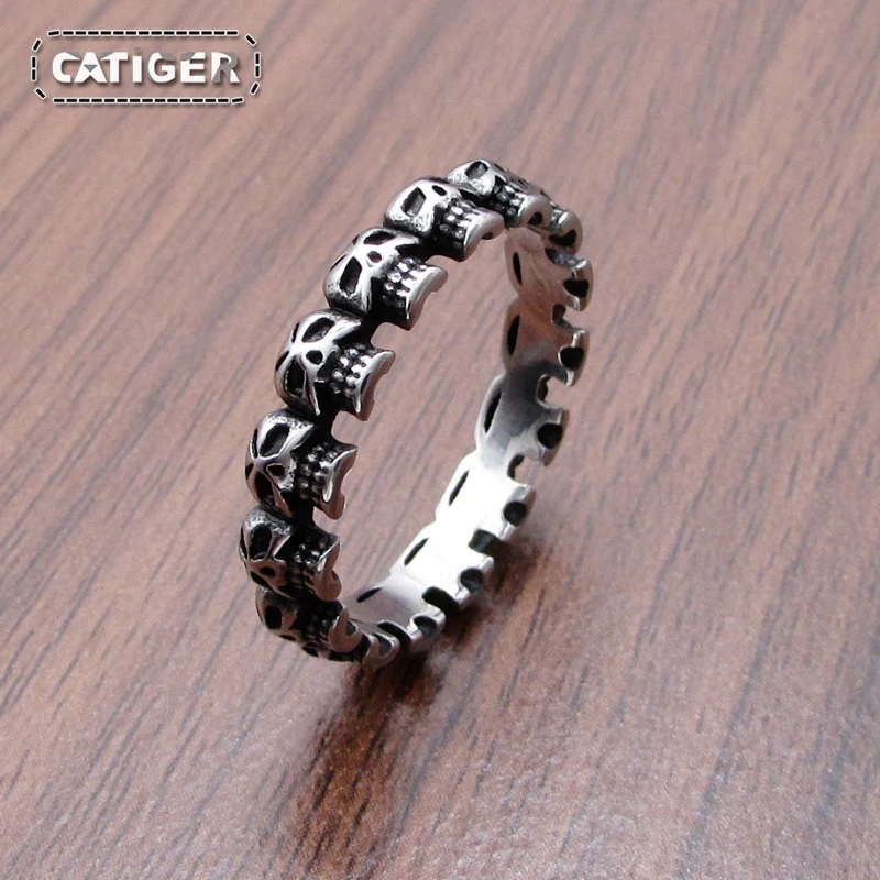 Punk Vintage Solid 316L Stainless Steel Skull Biker Ring Men Pave Skeleton Design Round Bands Simple Rings