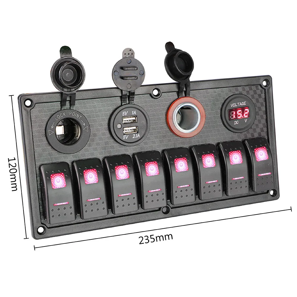 Car Marine RV Circuit LED Breaker 8 Gang Switch Panel 12V/24V Waterproof Dual USB Cigarette Lighter Socket Digital Voltmeter