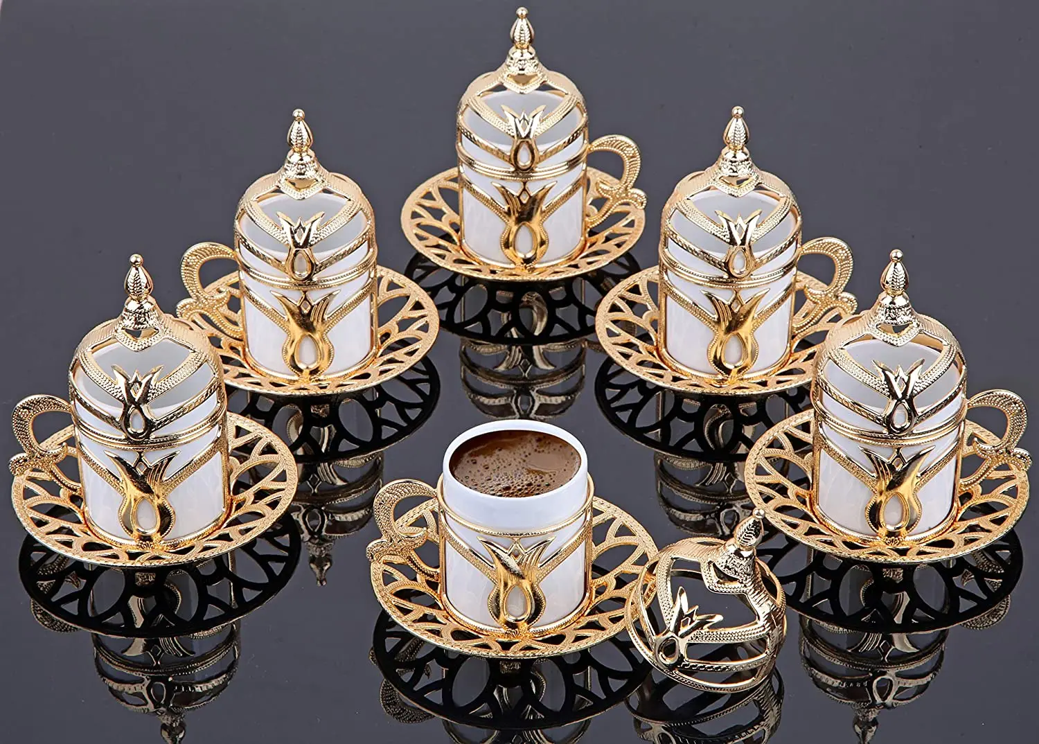 LaModaHome Espresso Coffee Cup with Saucer and Lid Set of 6, Porcelain Turkish Arabic Greek Coffee Set, coffee Cup for Women, Me